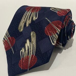 VTG Neiman Marcus Silk Tie Navy Red Taupe Abstract Sunburst Geometric Design USA